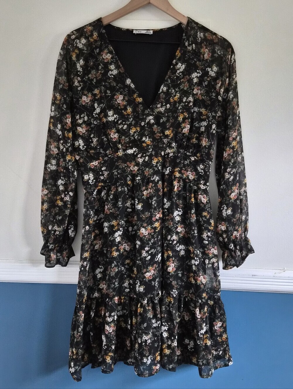 Dex Black Floral Chiffon Boho Long Sleeve Mini Dress, Medium, Cottagecore Vibes - Picture 3 of 14